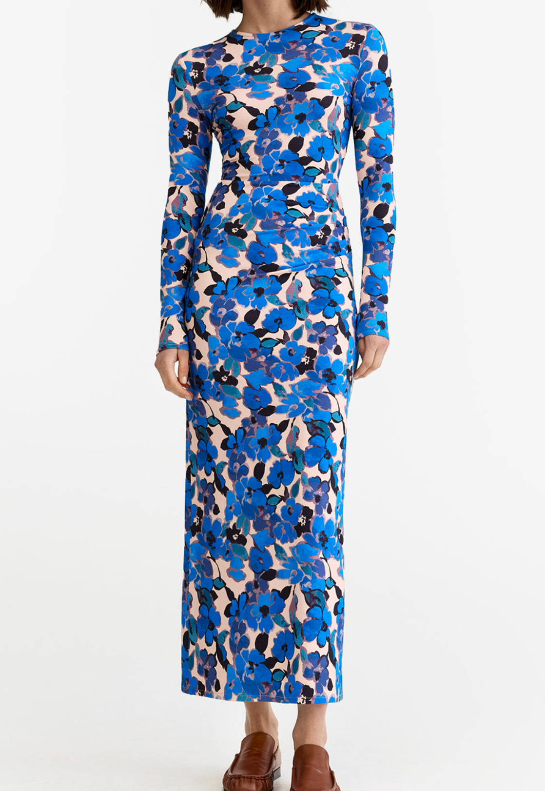 midi ruched dress with sleeves L'AGENCE Adriana Ruched Midi Dress In Black