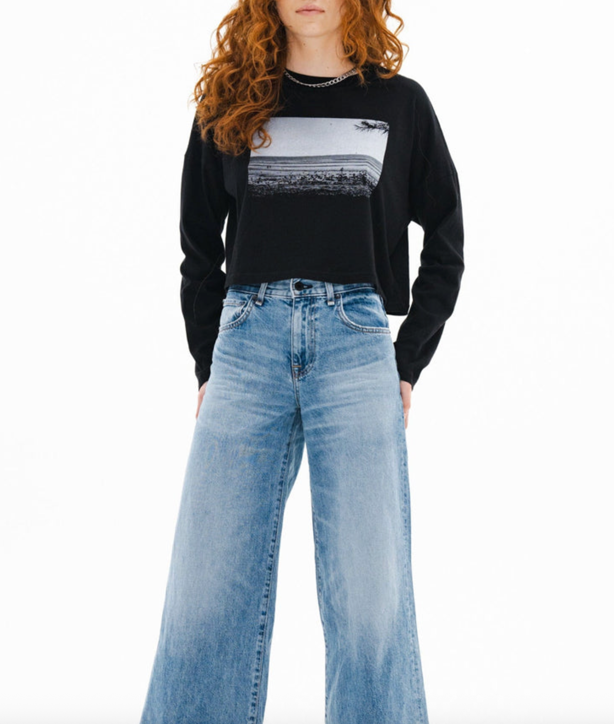 Cropped Long Sleeve Print Tee