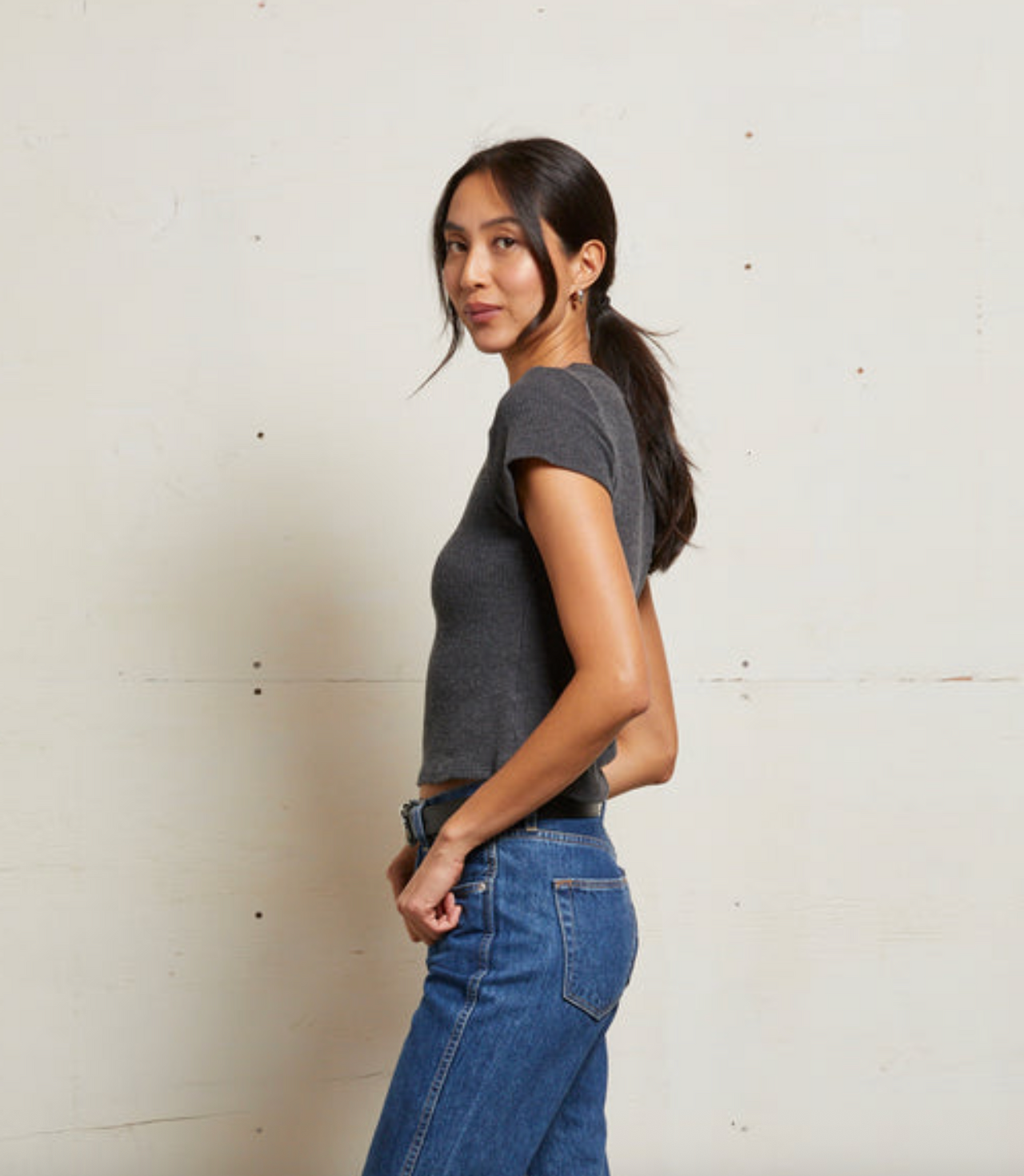 Gabby 2x1 Sweater Rib Short Sleeve Crew Neck