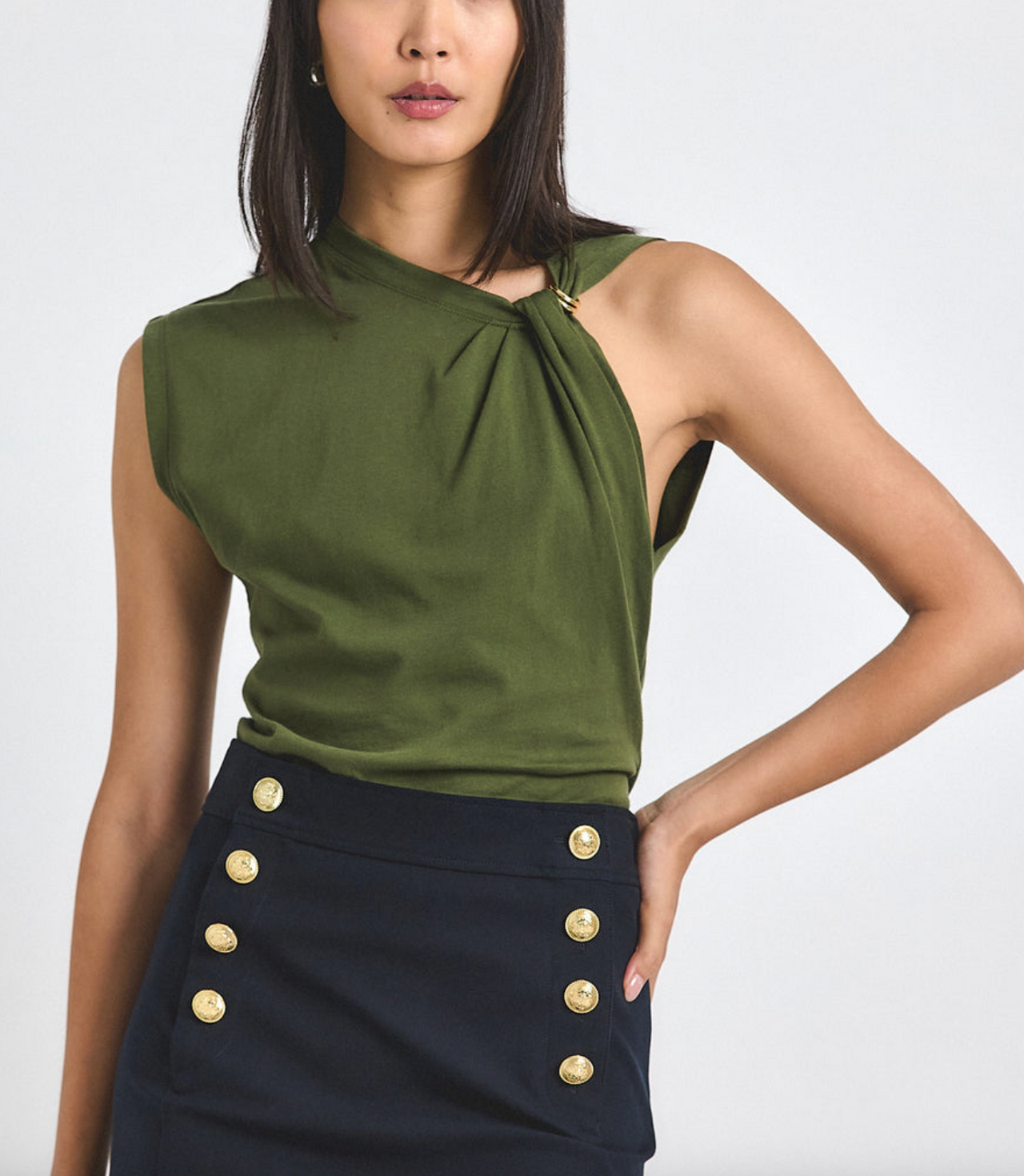 Nia Asymmetric Embellished Twist Tee