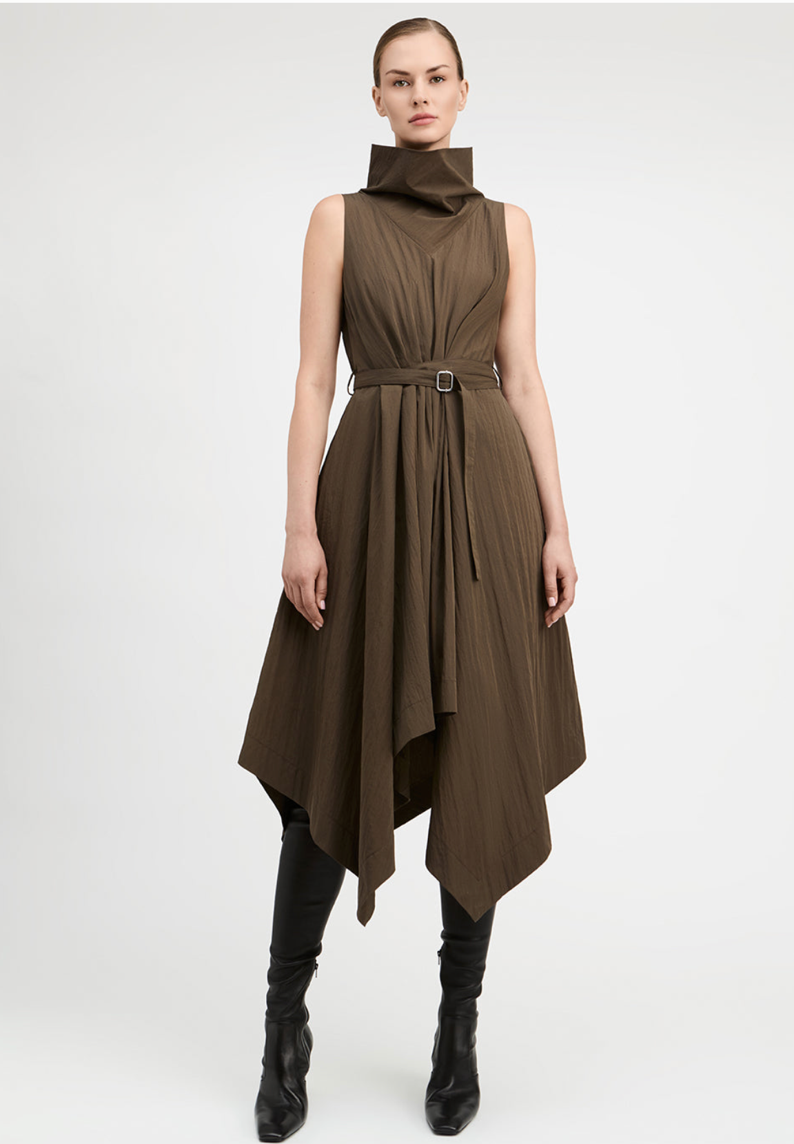 Crinkle Cowl Neck Belted Asymmetric Hem Dress
