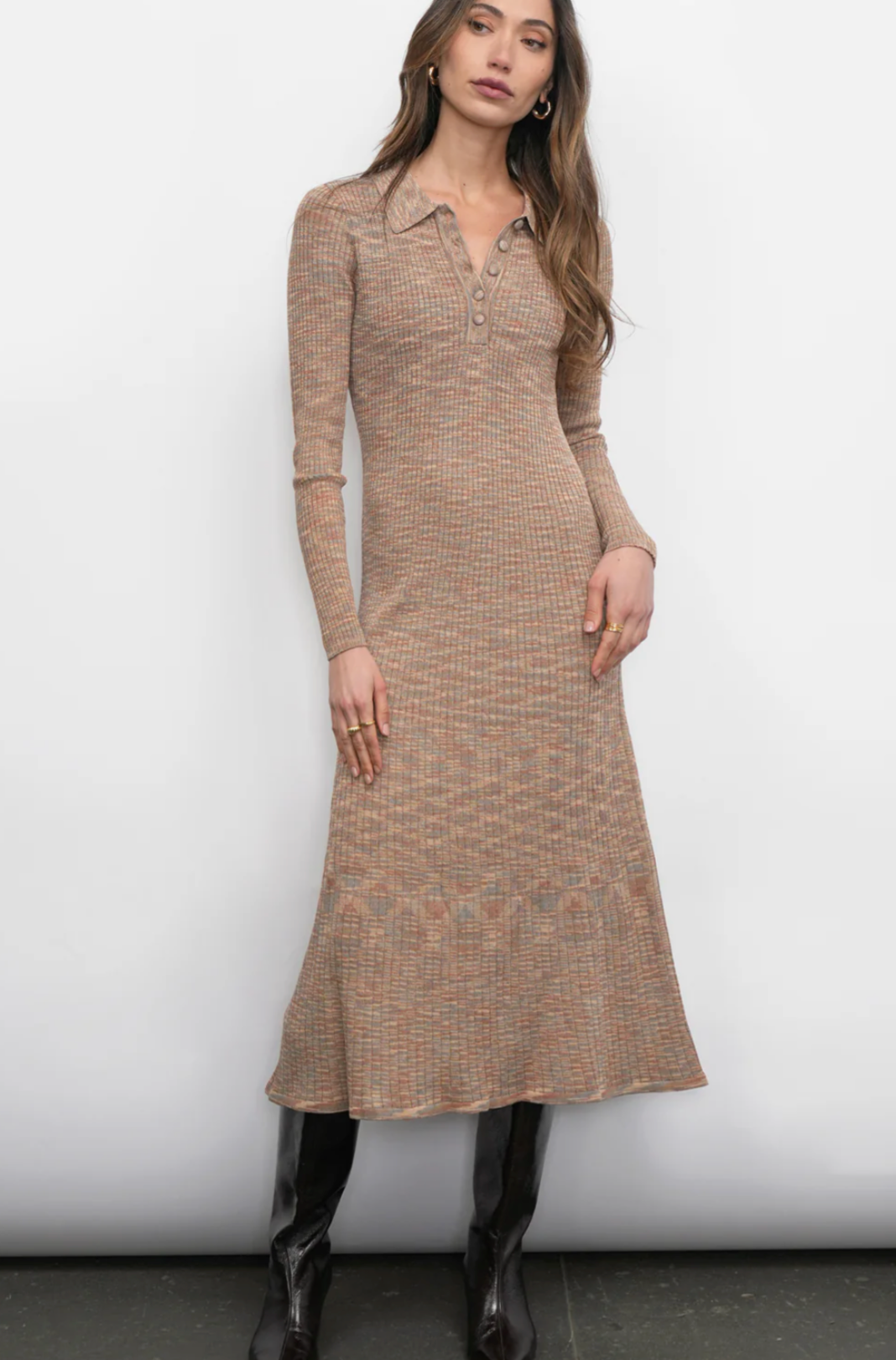 Alba Mixed Knit Polo Sweater Knit Dress