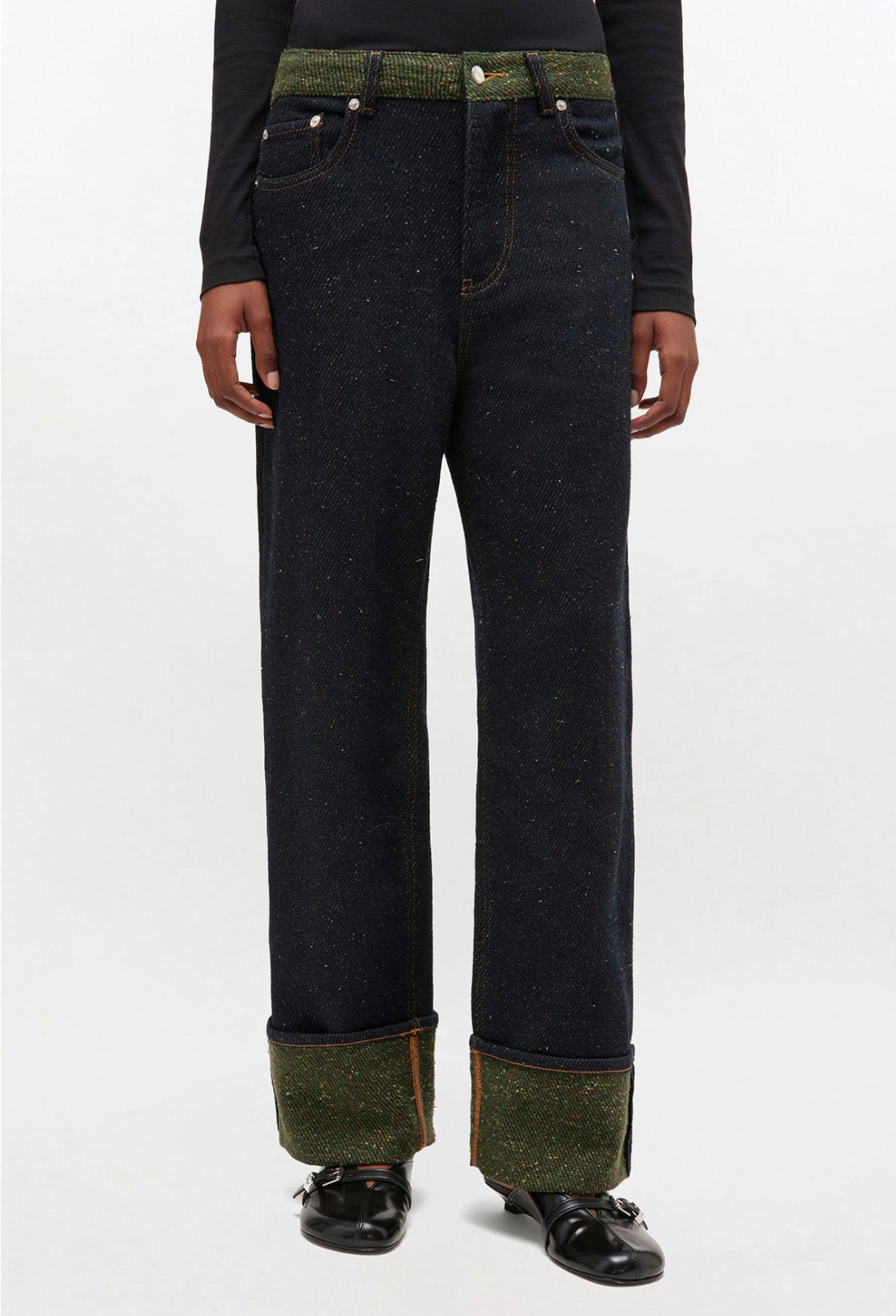 Melange Twill Denim Baggy Jeans Fold-Up