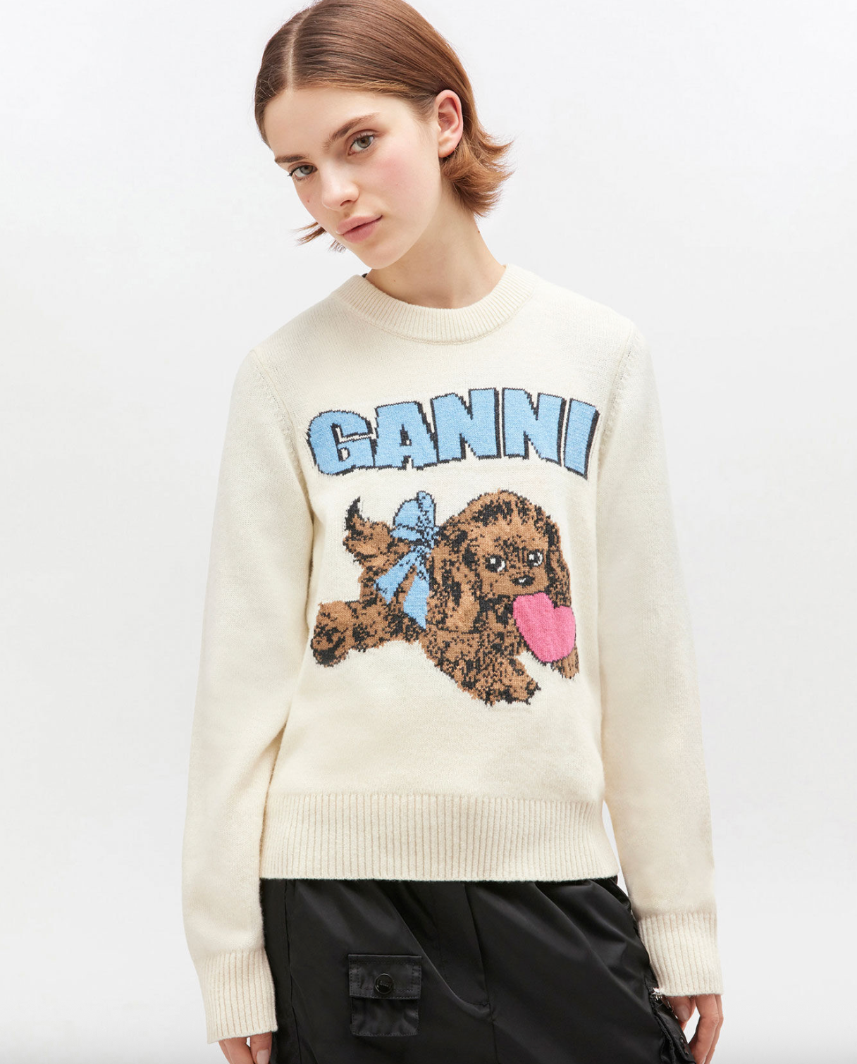 Graphic Wool Mix Fluffy Puppy Love Crewneck