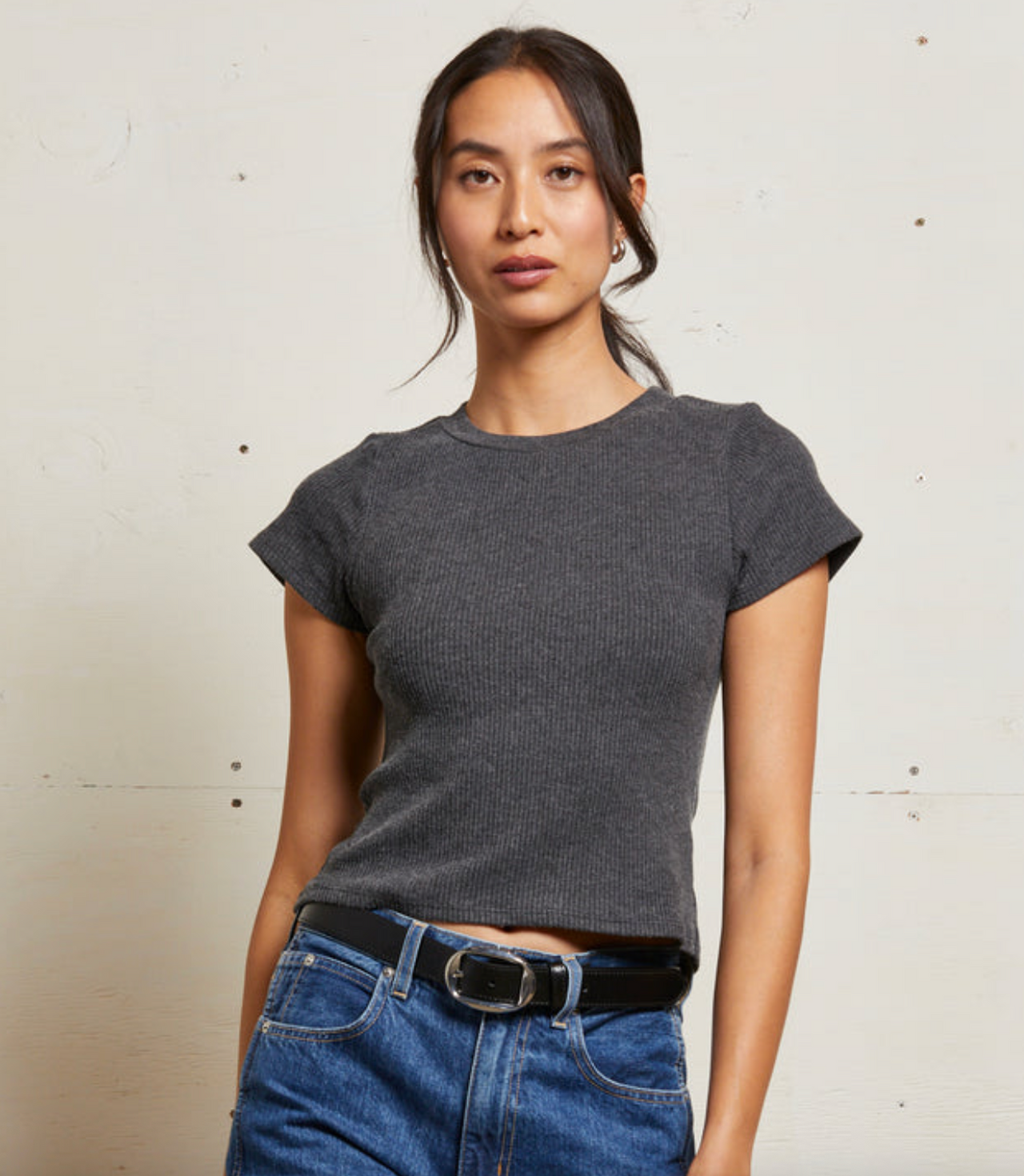 Gabby 2x1 Sweater Rib Short Sleeve Crew Neck