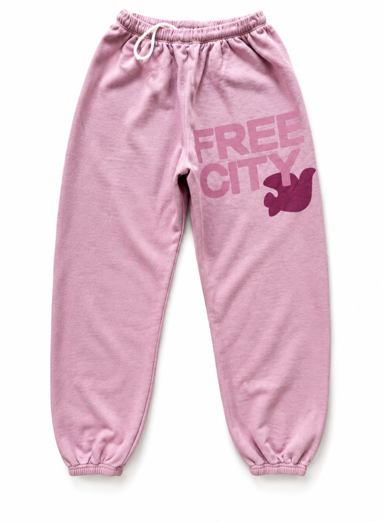 Free City - Makeup sweatpants with a drawstring waist and elastic cuffs, featuring a 'FREE CITY' graphic with a bird silhouette on one leg.