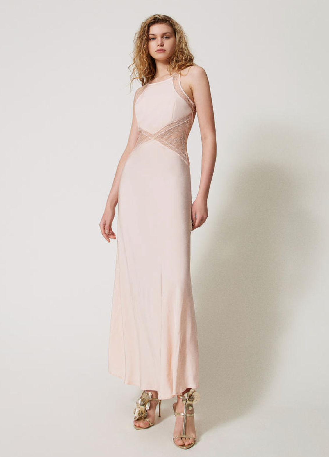 Long SatinHalterneck Dress with Lace