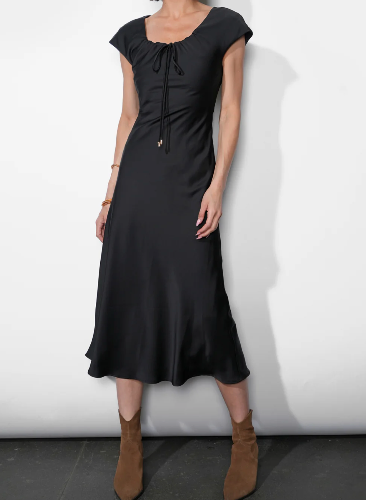 Inez Neck Drawstring Satin Midi Dress