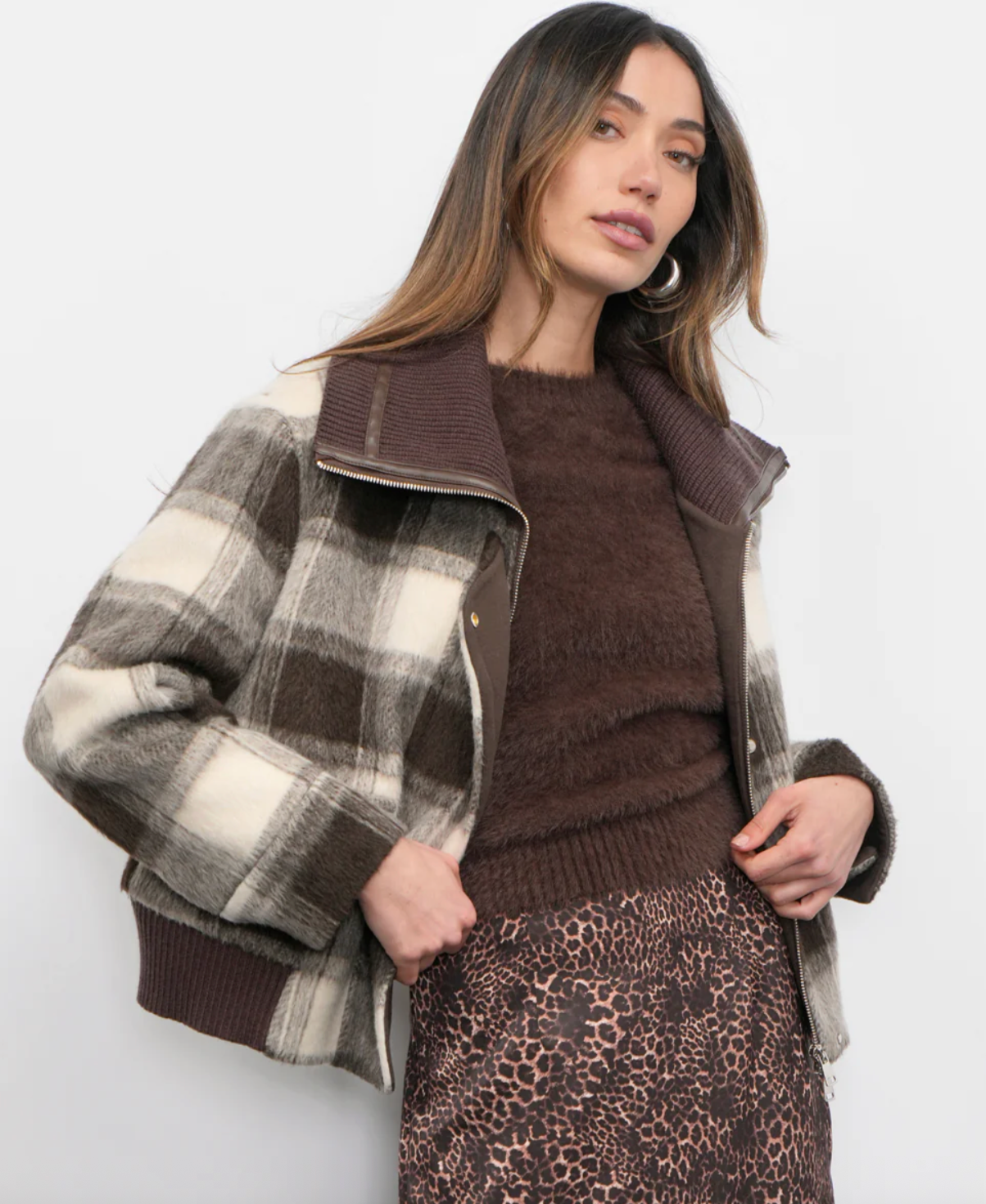 Lennox Plaid Jacket with Knit Oversized Collar