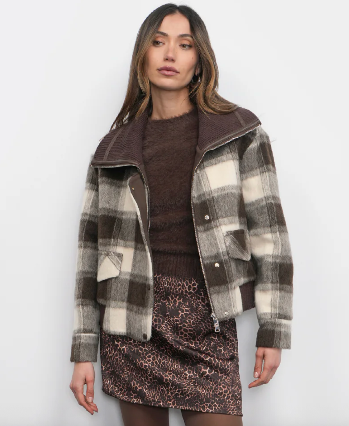 Lennox Plaid Jacket with Knit Oversized Collar