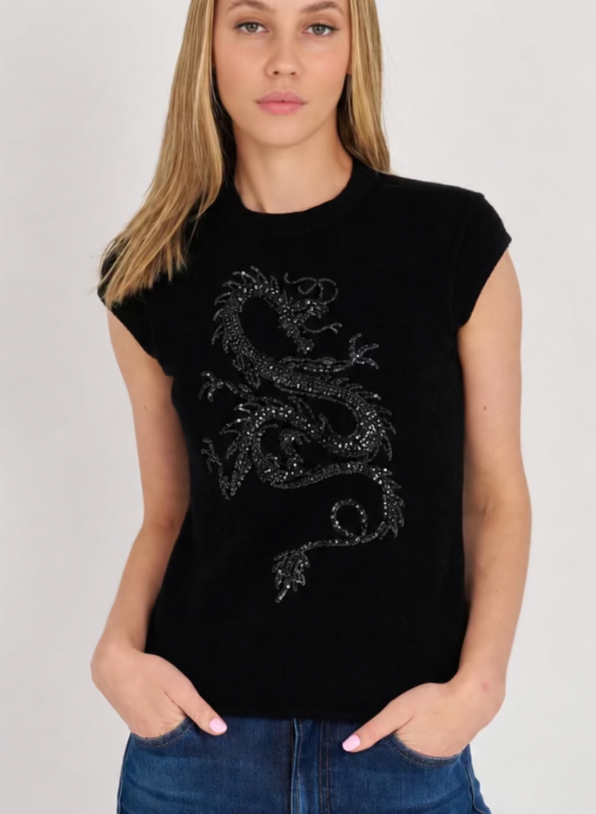 Avery Cashmere Short Sleeve Tee with Dragon Sequins