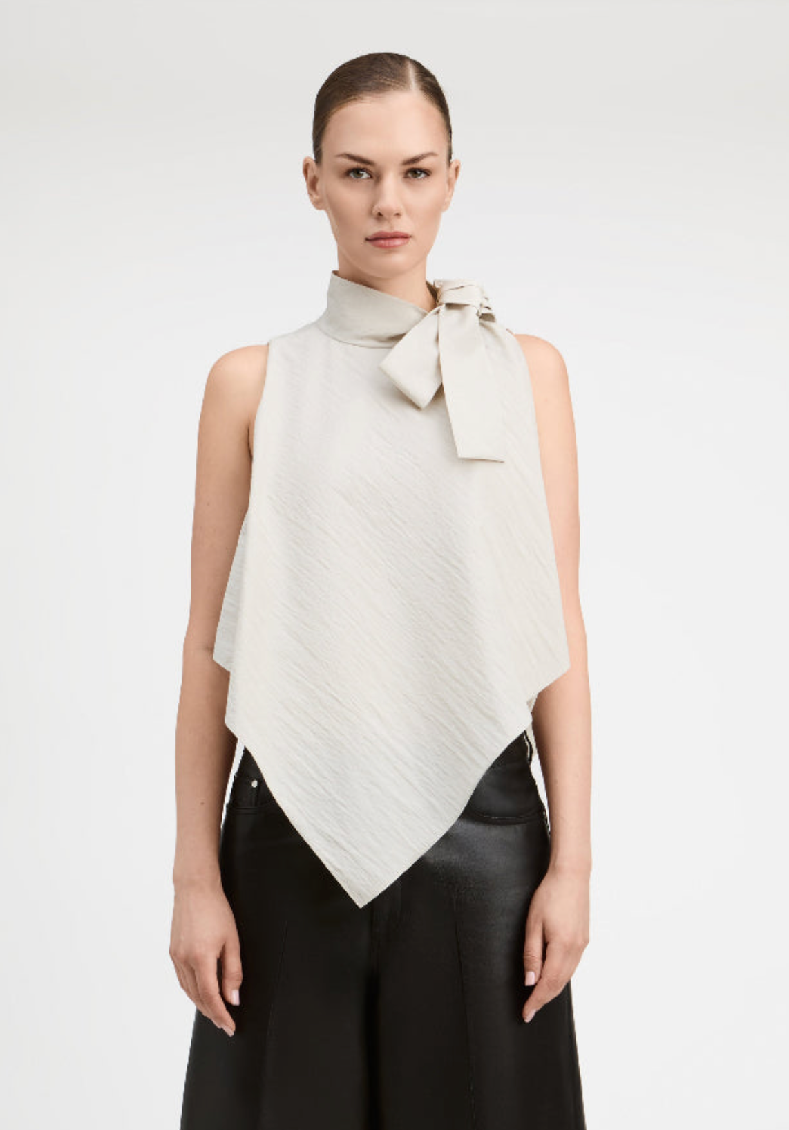 Crinkle Cotton/Nylon High Neck Asymetric Top