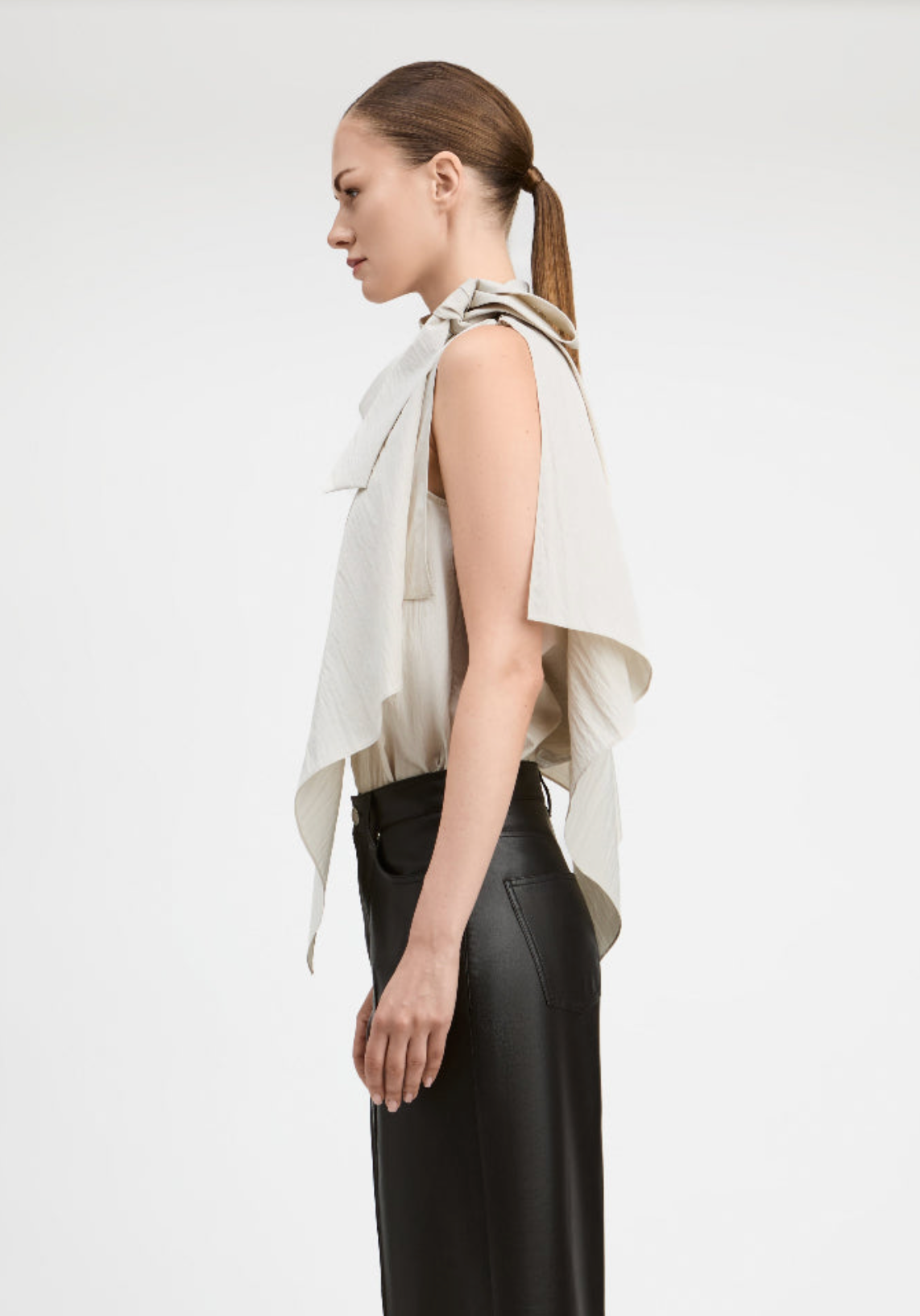 Crinkle Cotton/Nylon High Neck Asymetric Top