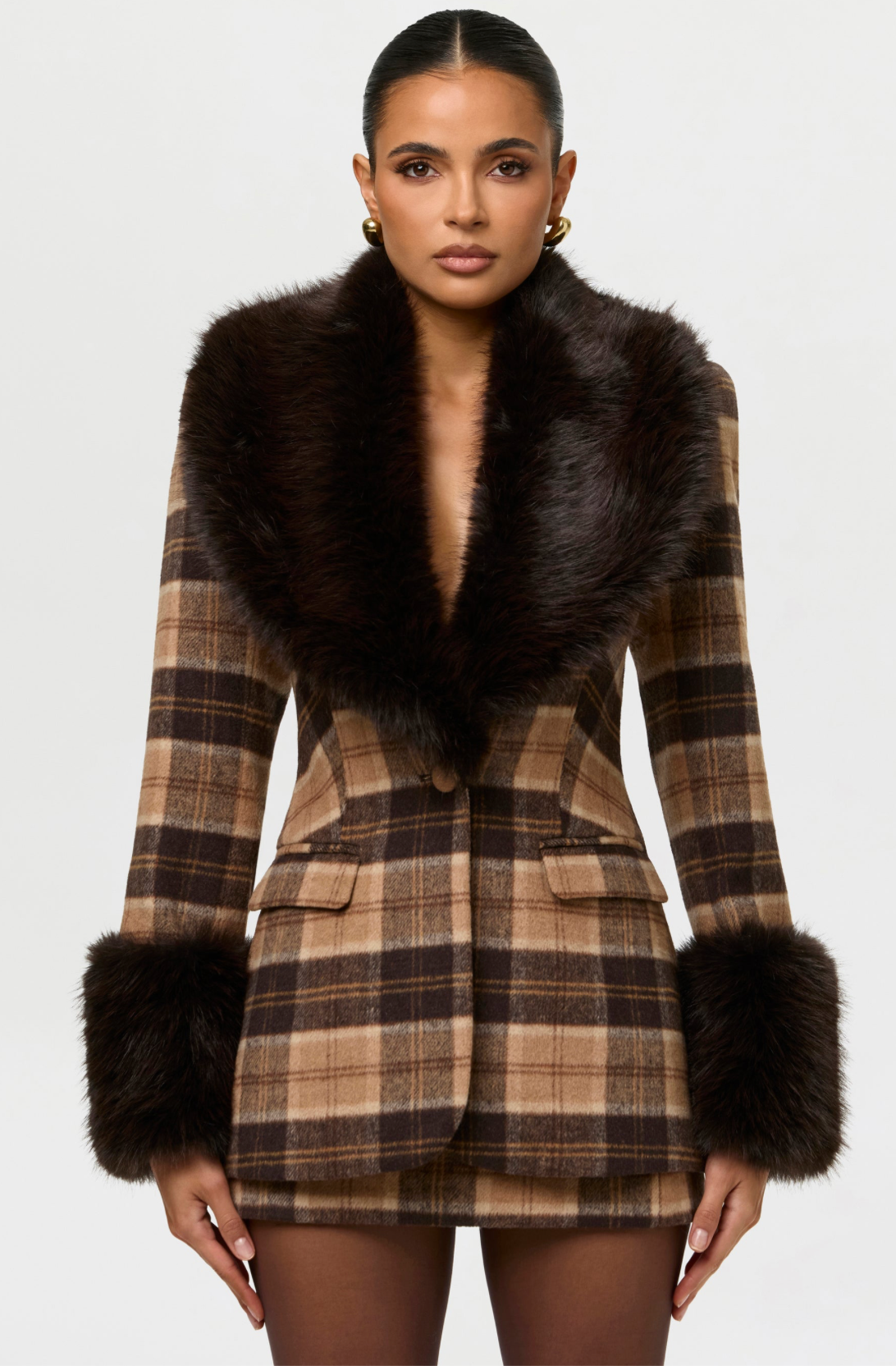 Suiting Wool Plaid Faux Fur Blazer