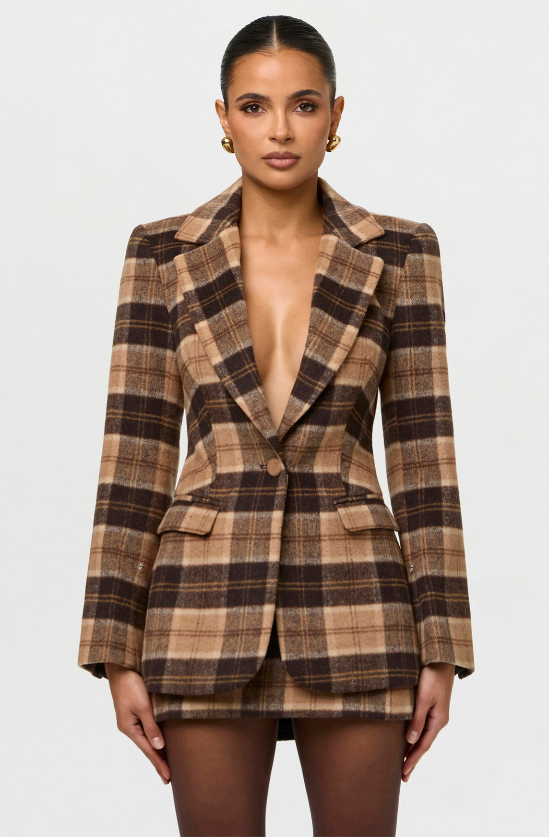 Suiting Wool Plaid Faux Fur Blazer
