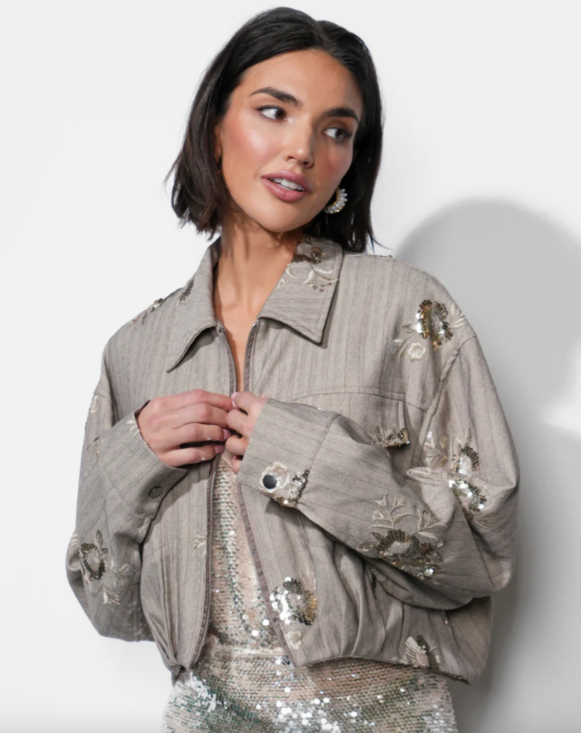 Brielle Zip Up Sequin Embroidered Jacket