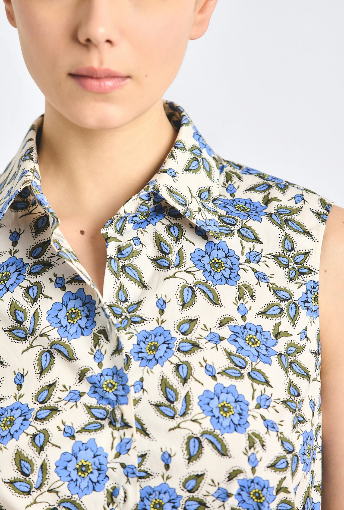 Faee Printed Cotton Cropped Sleeveless Shirt with Bubble Hem