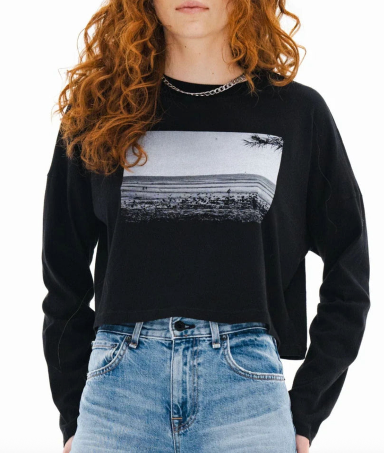 Cropped Long Sleeve Print Tee
