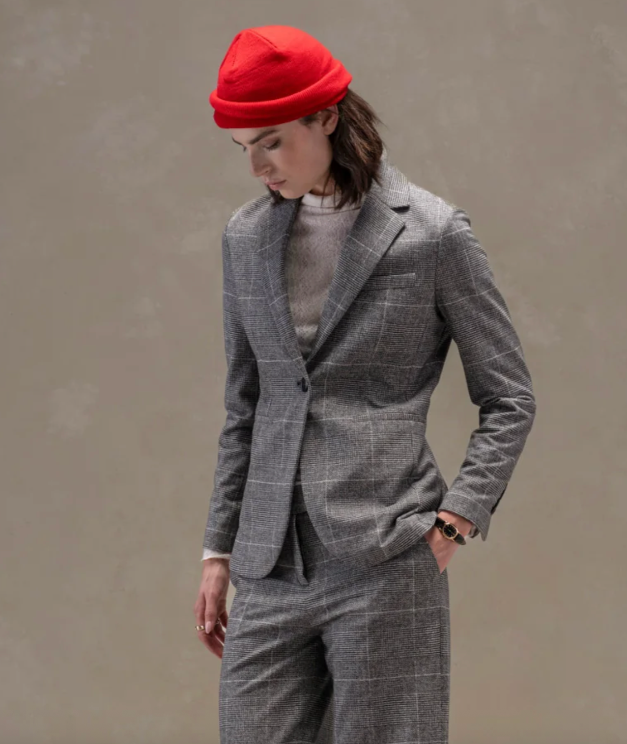 Slim Long 1 Button Blazer, Prince of Wales Fleece Slim Long 1 Button Blazer, Prince of Wales Fleece