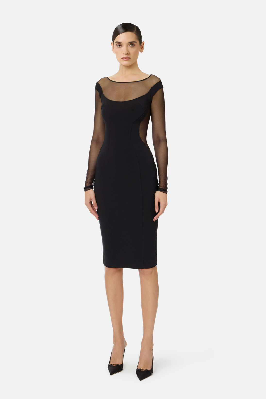 sheer sleeve bodycon midi dress Black Long Sheer Sleeve Bodycon Midi Dress
