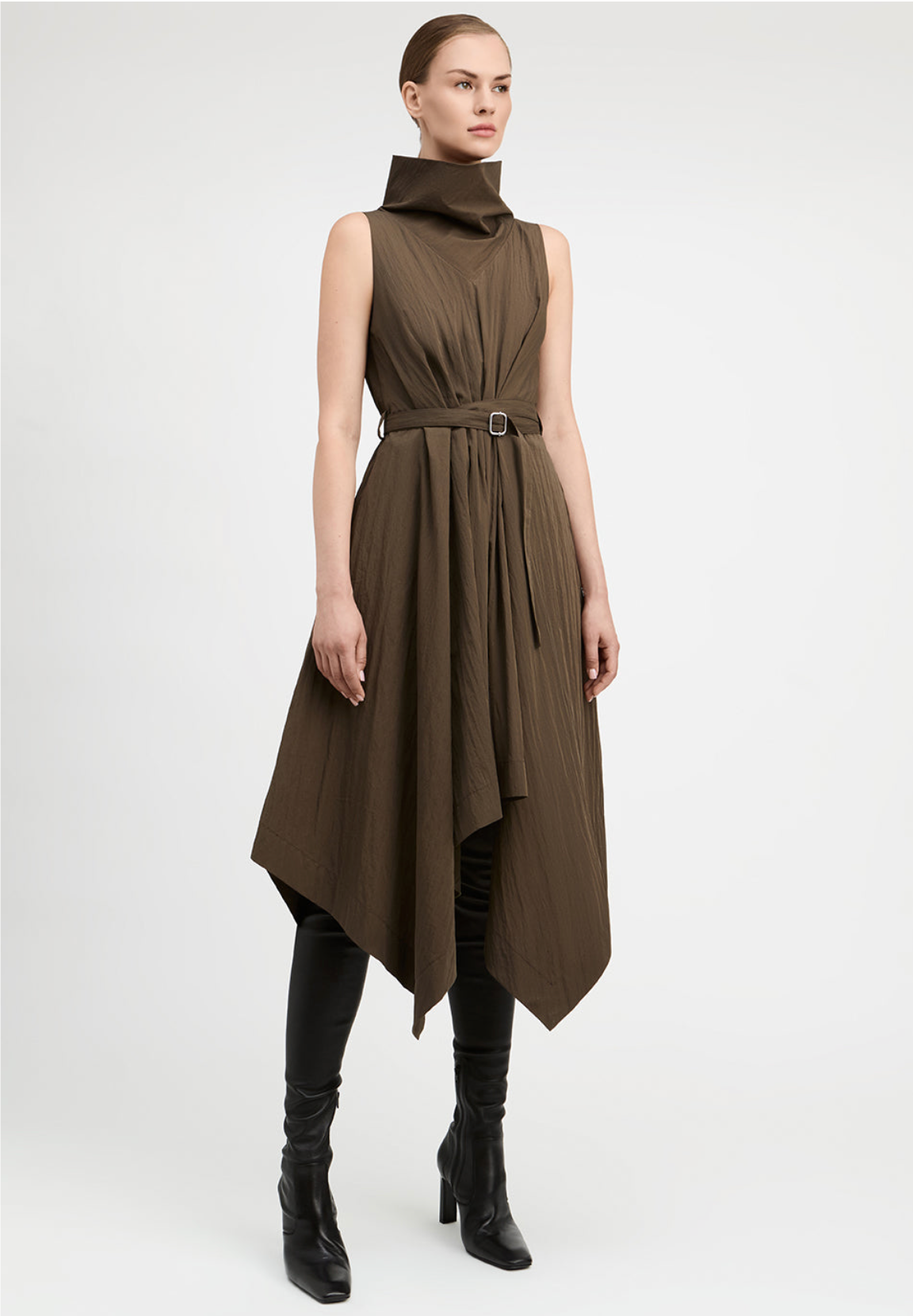 Crinkle Cowl Neck Belted Asymmetric Hem Dress