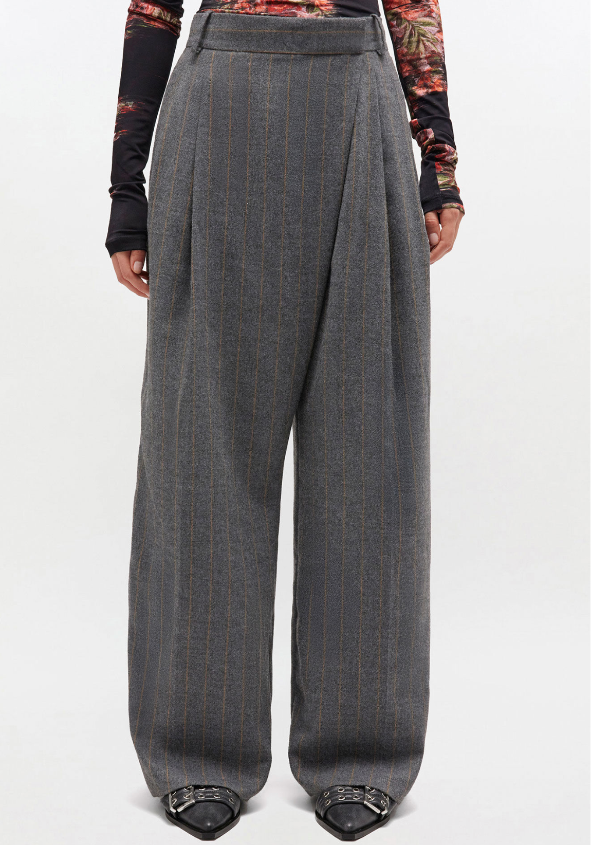 Brushed Wool Stripe Mid Waist Pants