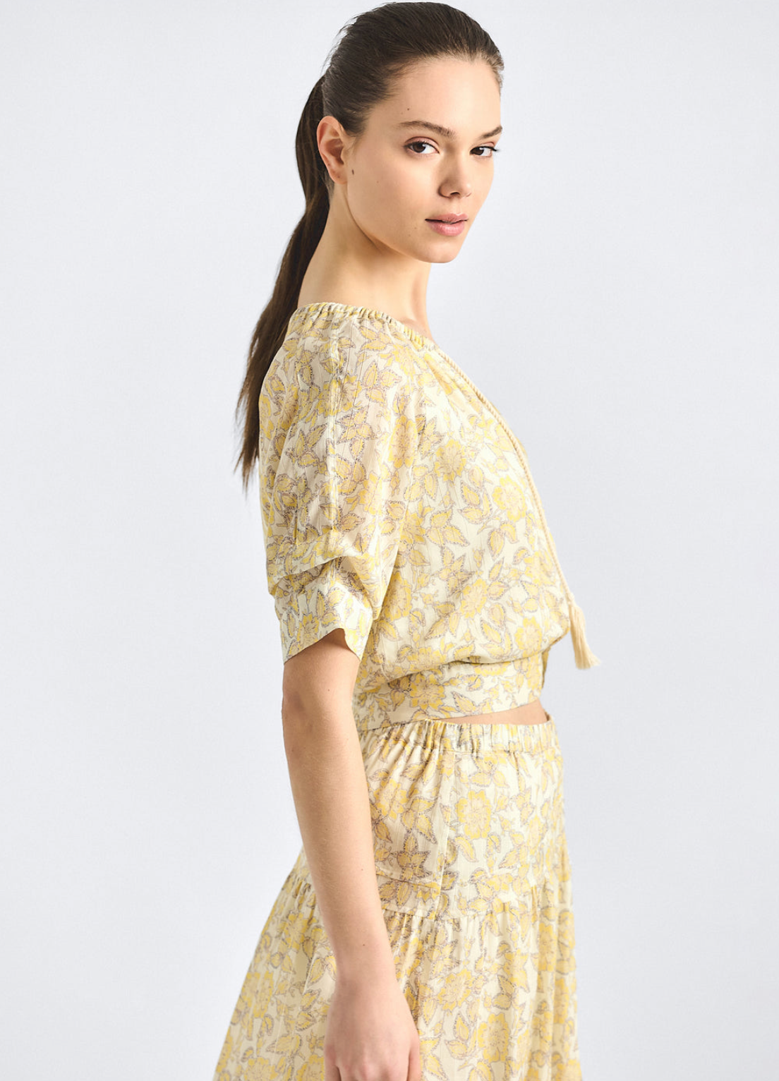 Suri Printed Voile Tuck Front Top