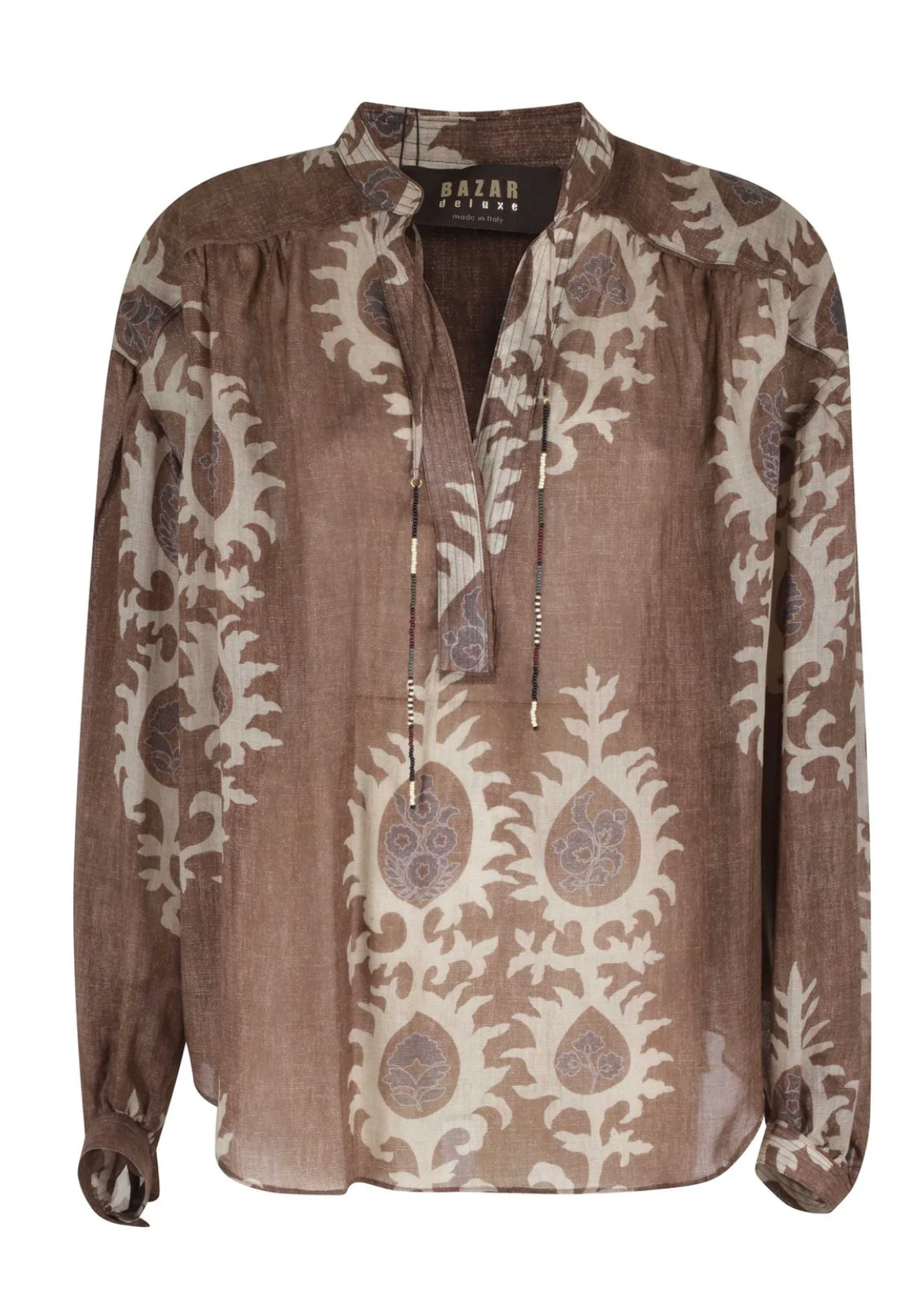 Printed Ramie Shirt with Ruffles & Beaded Coulisse