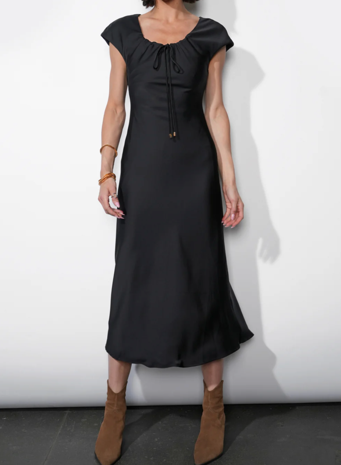 Inez Neck Drawstring Satin Midi Dress