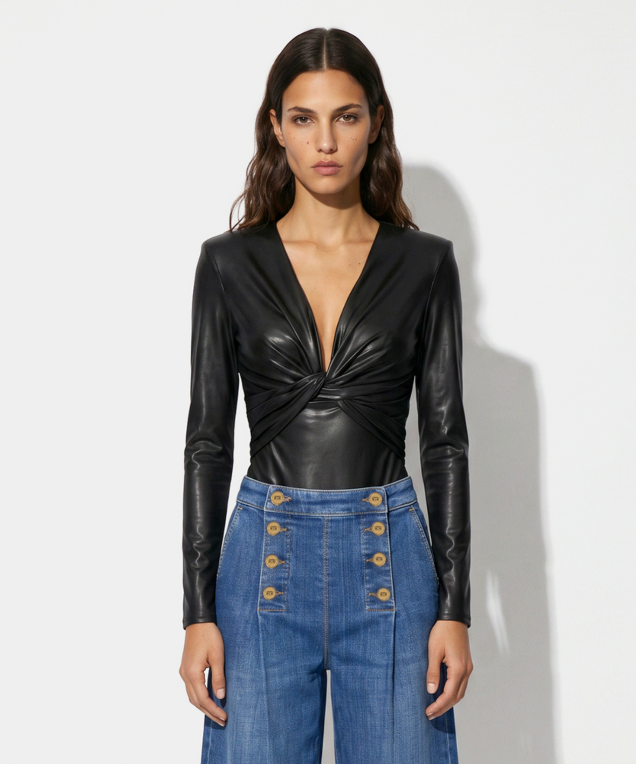 Wrap Front Leather Look Bodysuit