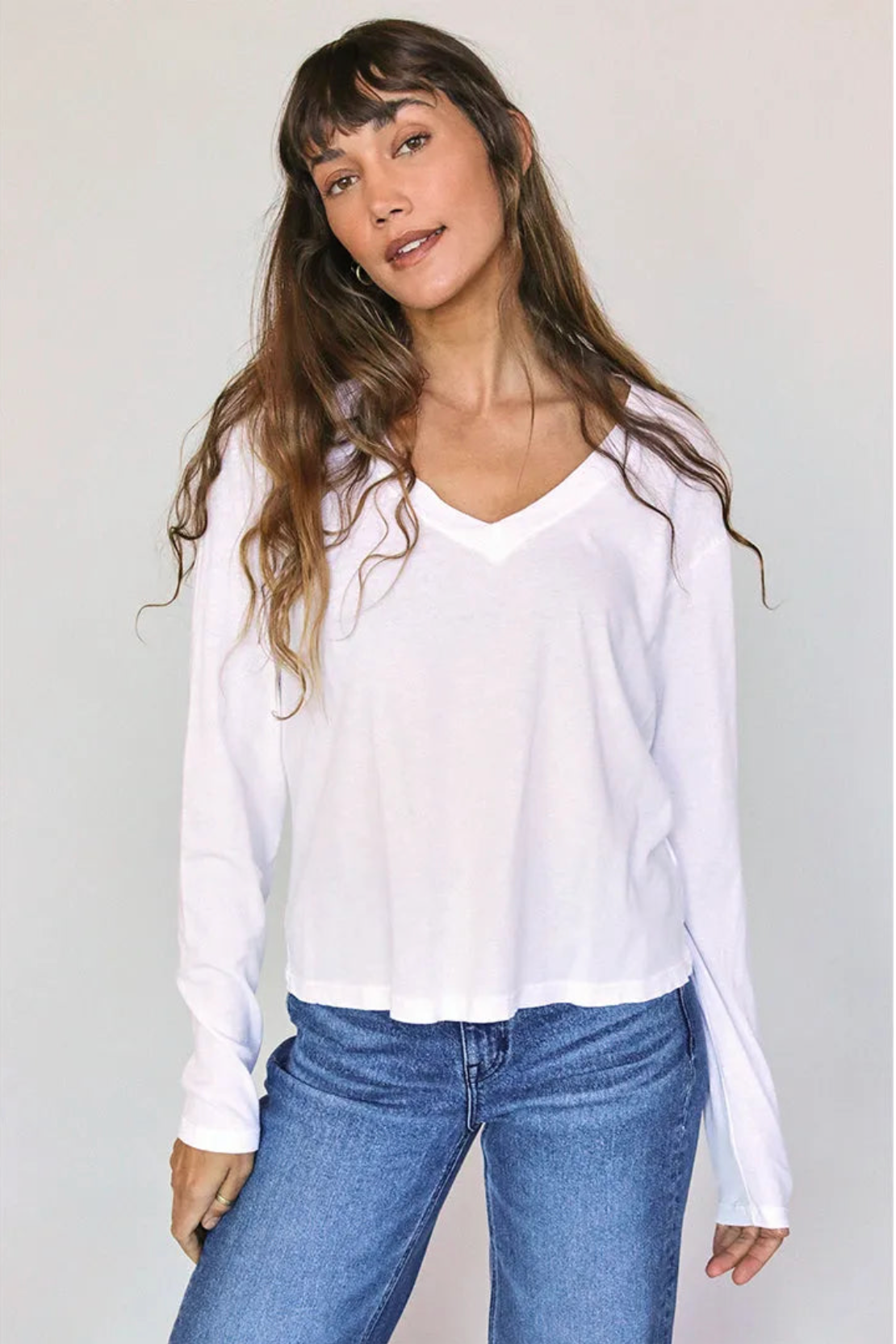 Jimi Cotton Long Sleeve Boxy V-Neck Tee