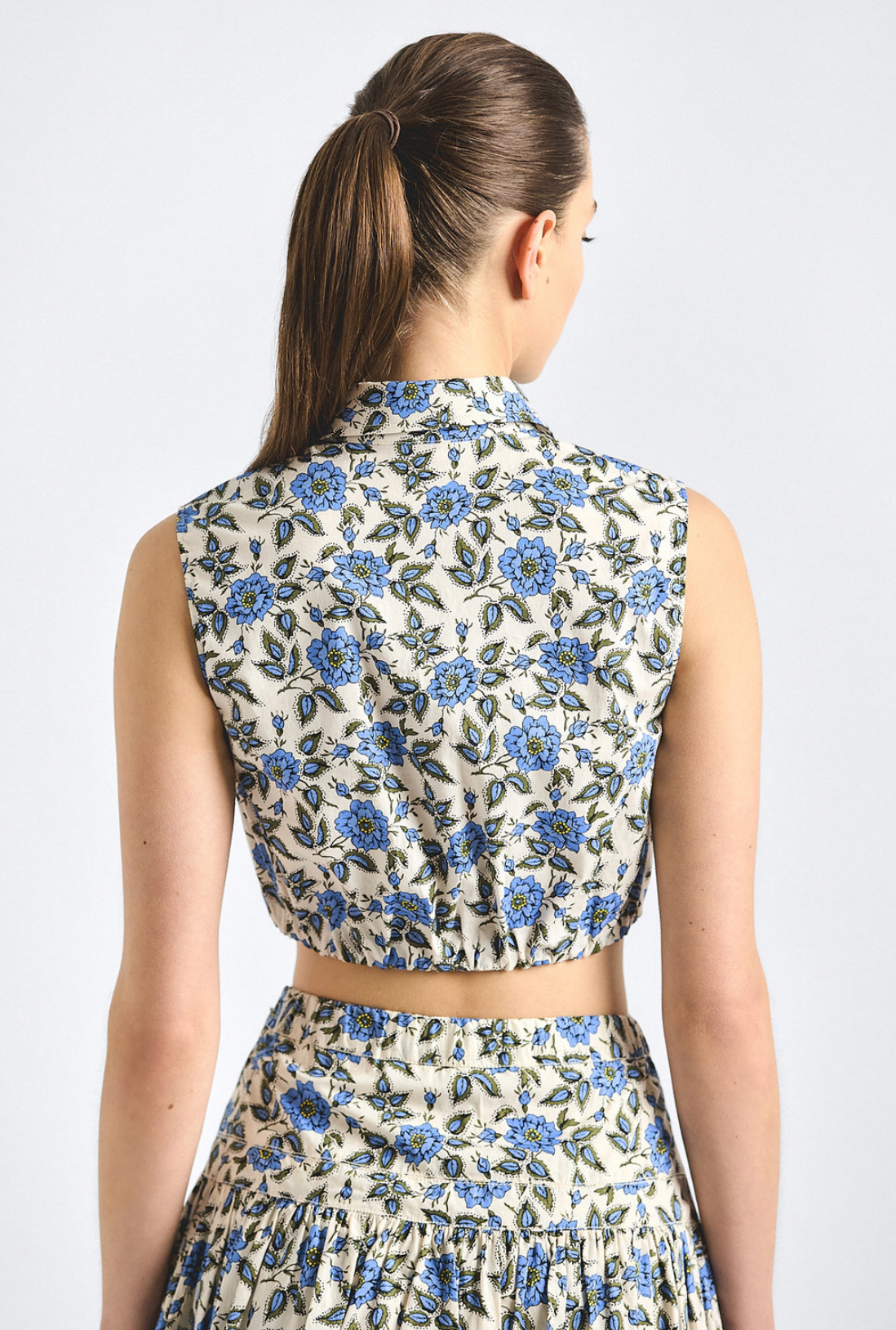 Faee Printed Cotton Cropped Sleeveless Shirt with Bubble Hem