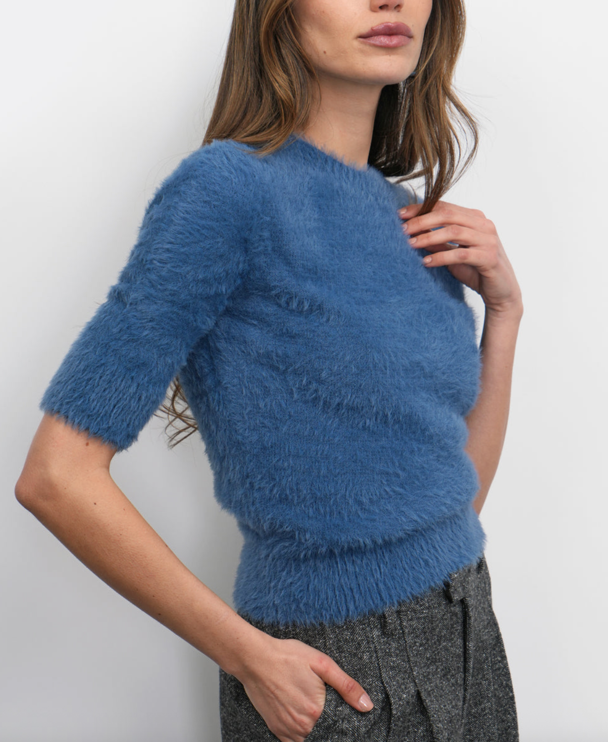 Odette Fuzzy Elbow Sleeve Knit Top