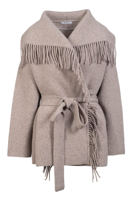 Wool Tie Waist Fringe Coat