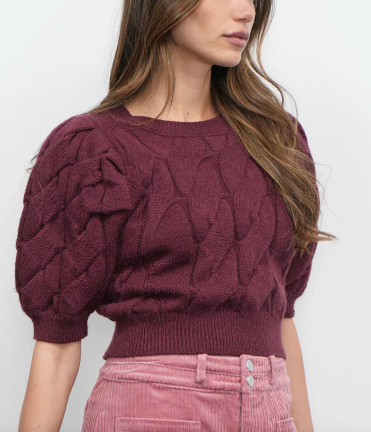 Hallie Cable Knit Puff Sleeve Sweater Top