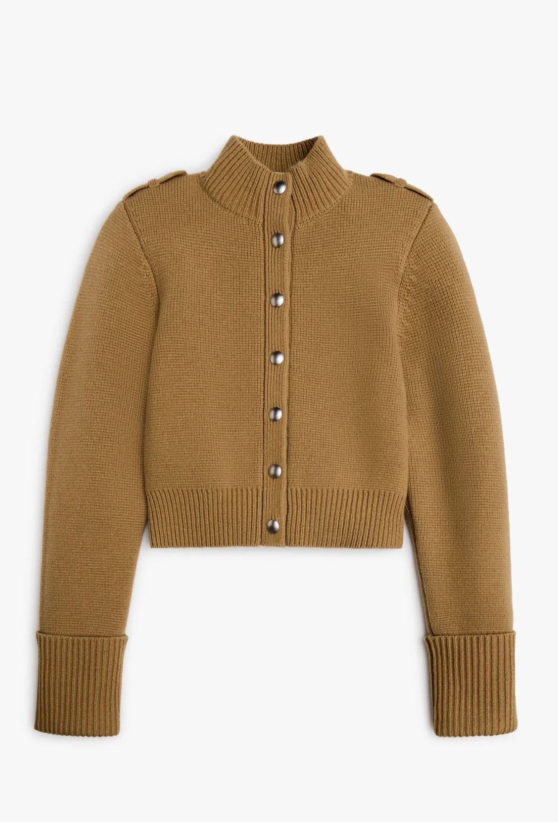 A cropped rib-knit cardigan sweater in camel brown, featuring a mock neck, shoulder epaulets, a button-front closure with silver-tone buttons, and ribbed cuffs and hem, shown on a plain white background.