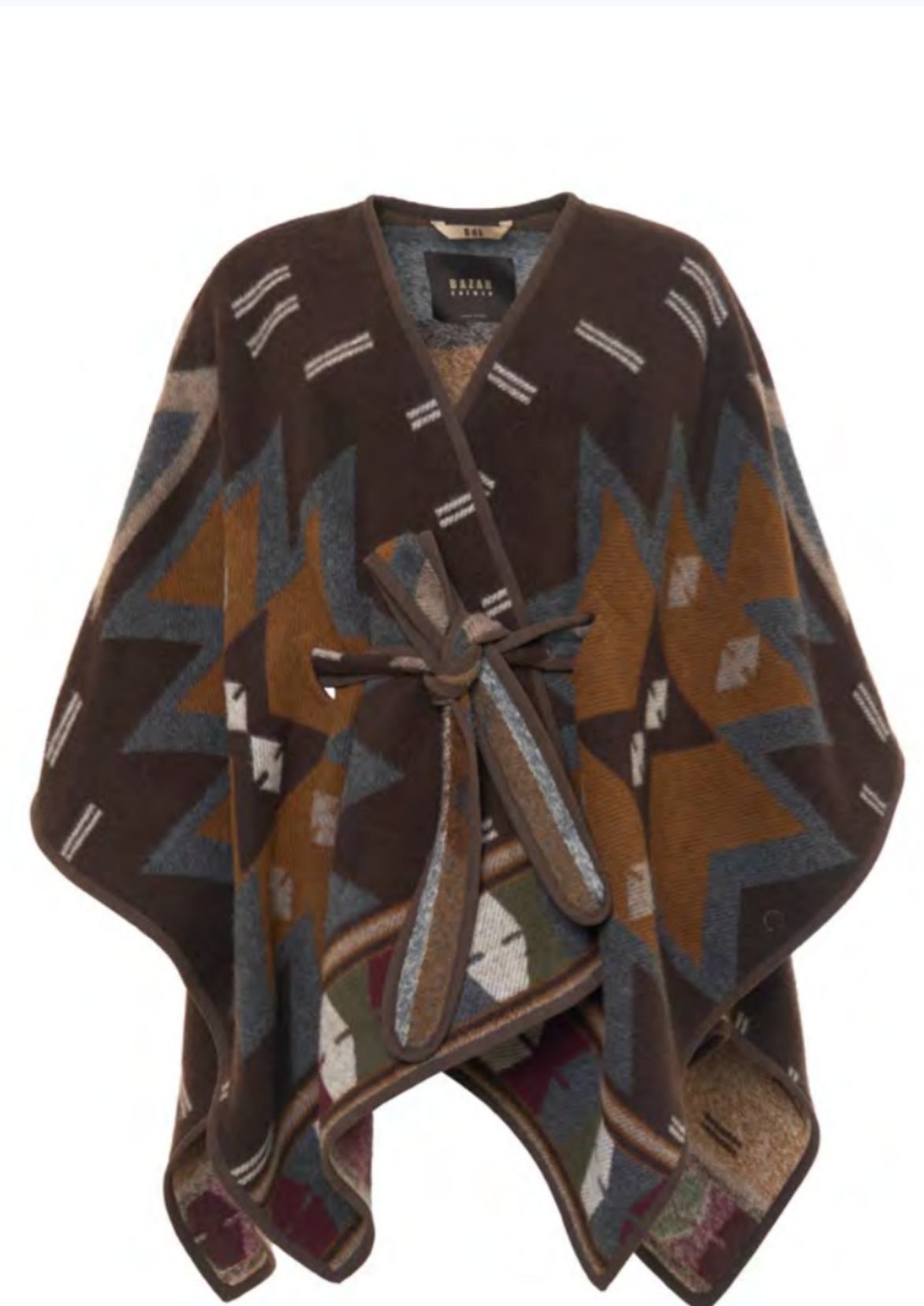 A brown wool wrap poncho with a Southwestern geometric star pattern in brown, tan, and gray, featuring a tie closure at the waist.