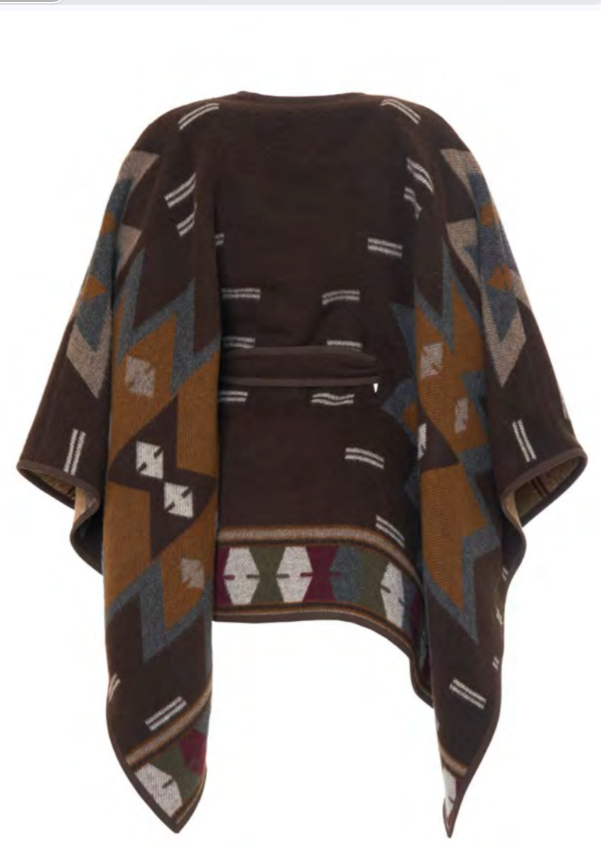 A brown wool wrap poncho with a Southwestern geometric star pattern in brown, tan, and gray, featuring a tie closure at the waist.