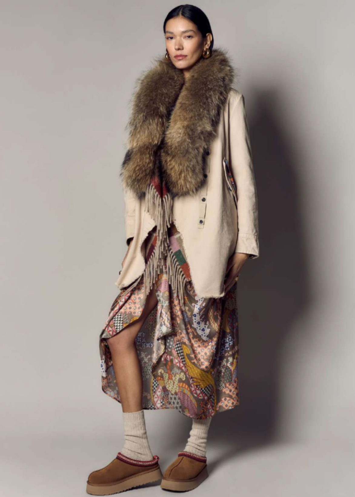 A model stands against a plain light gray studio background wearing a long beige coat with a large brown fur collar, a multicolored patterned dress, cream socks, and brown suede slip-on shoes.
