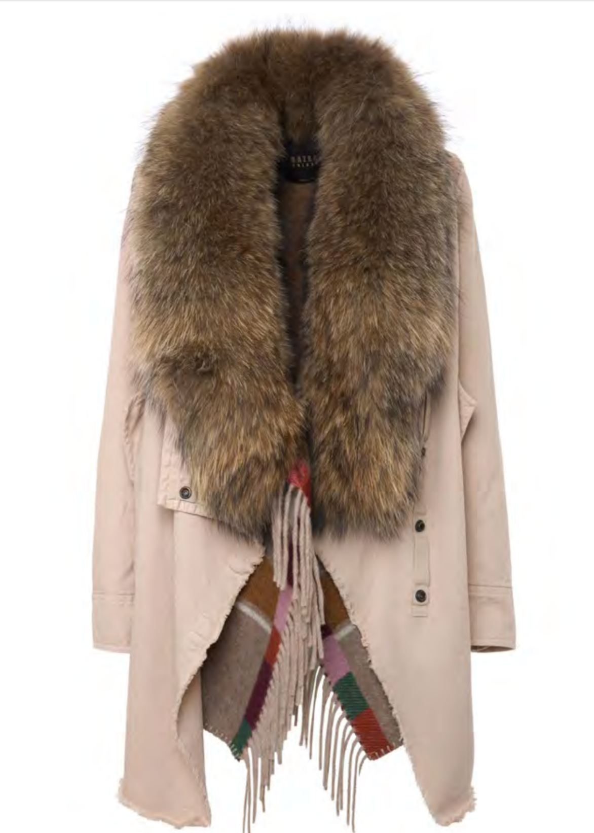 A beige trench coat with a large brown fur collar and a multicolor fringed scarf draped over the hem, shown against a plain white background.