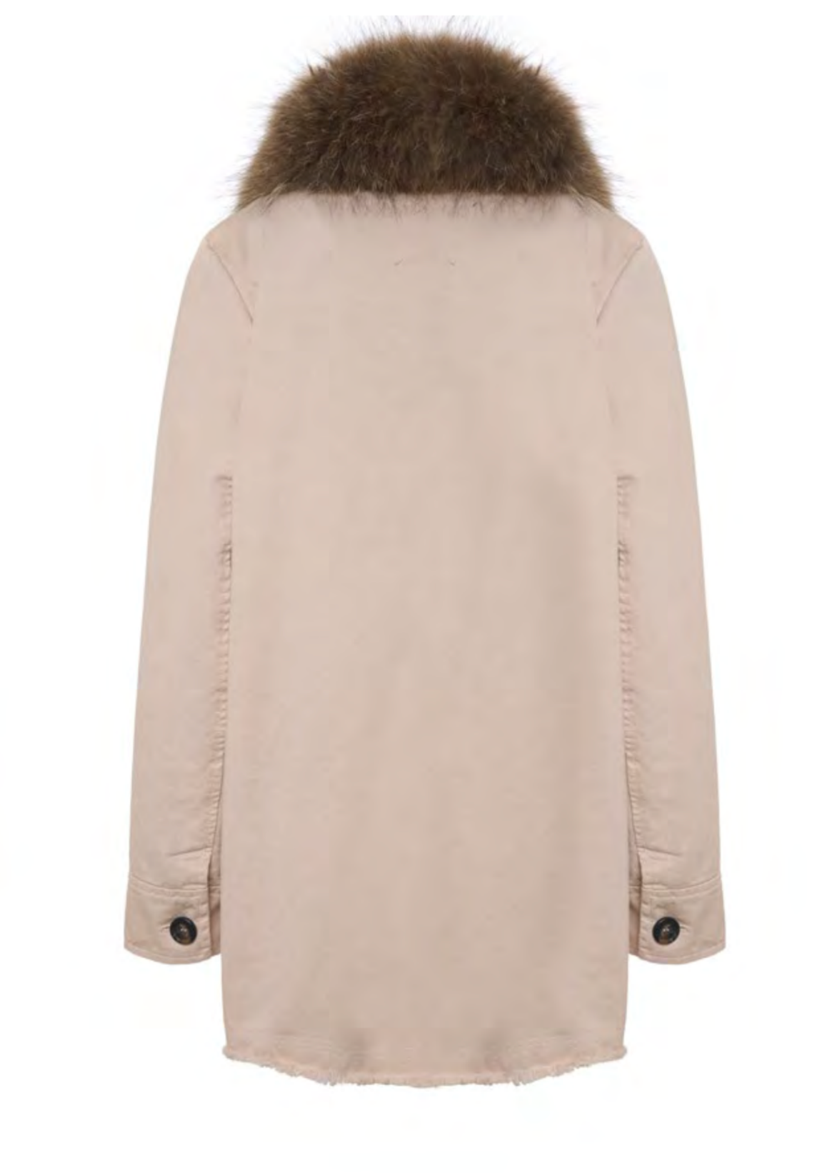 A beige parka jacket shown from the back, featuring a prominent brown faux-fur hood trim and buttoned cuffs.