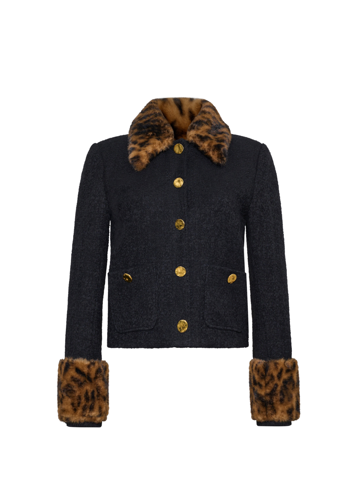 A cropped dark navy tweed jacket with a brown and black leopard-print faux fur collar, cuffs, and gold-tone buttons, shown against a plain white background.
