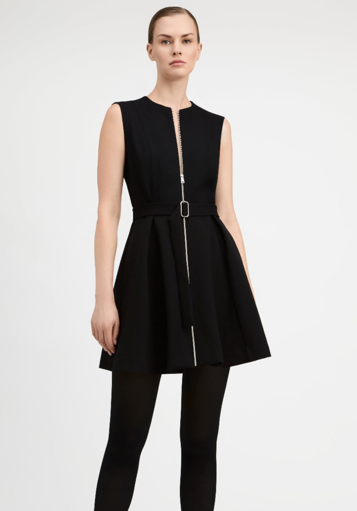 Viscose Blend Ponte Zip Front Sleeveless Dress
