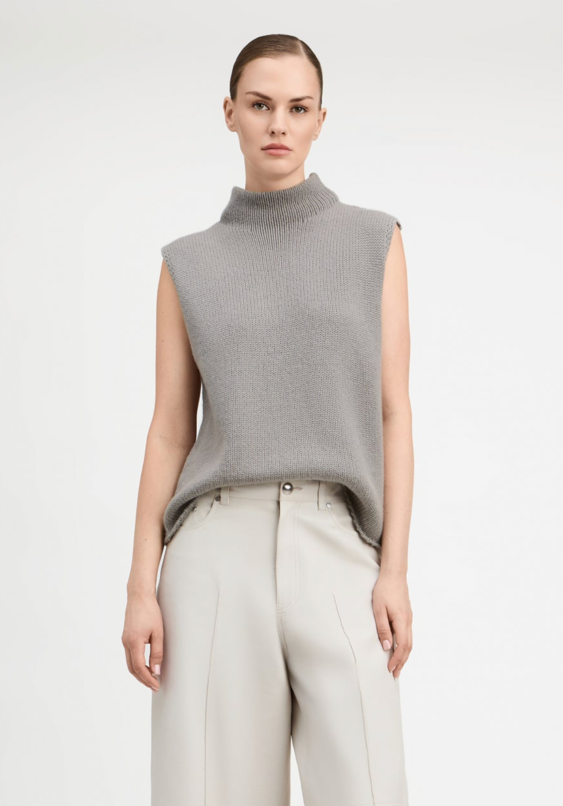 Wool Cashmere Blend Sleeveless Mock Neck Sweater