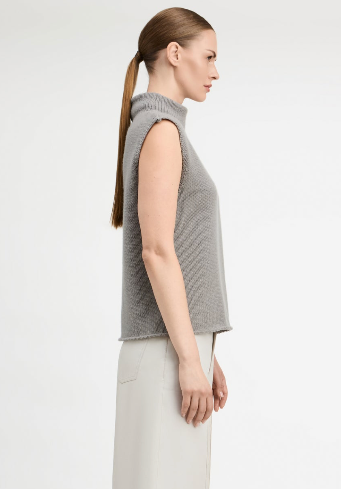 Wool Cashmere Blend Sleeveless Mock Neck Sweater