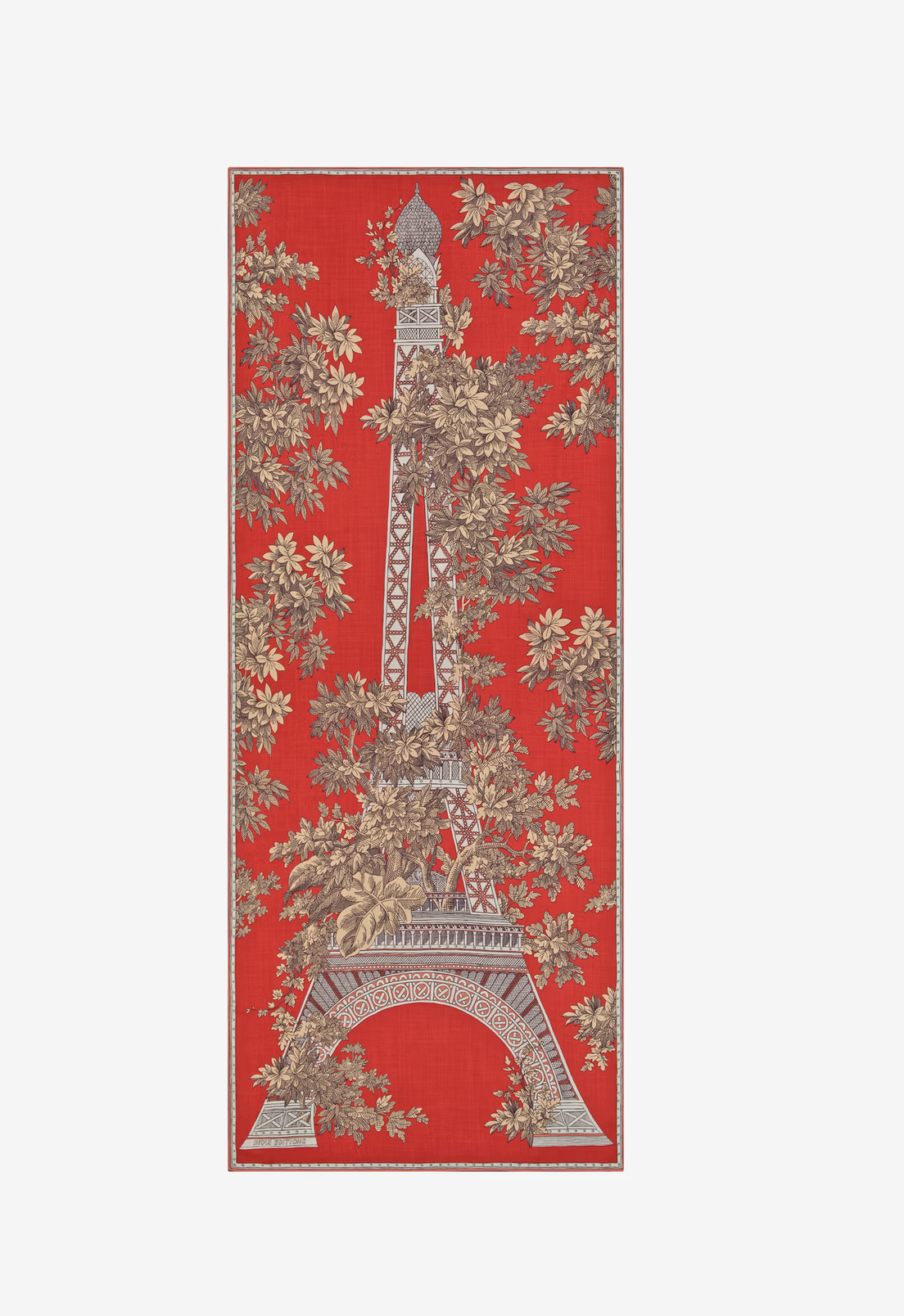 A rectangular red textile or rug featuring a large Eiffel Tower design overlaid with beige and brown floral toile-style foliage, shown flat against a light gray background.