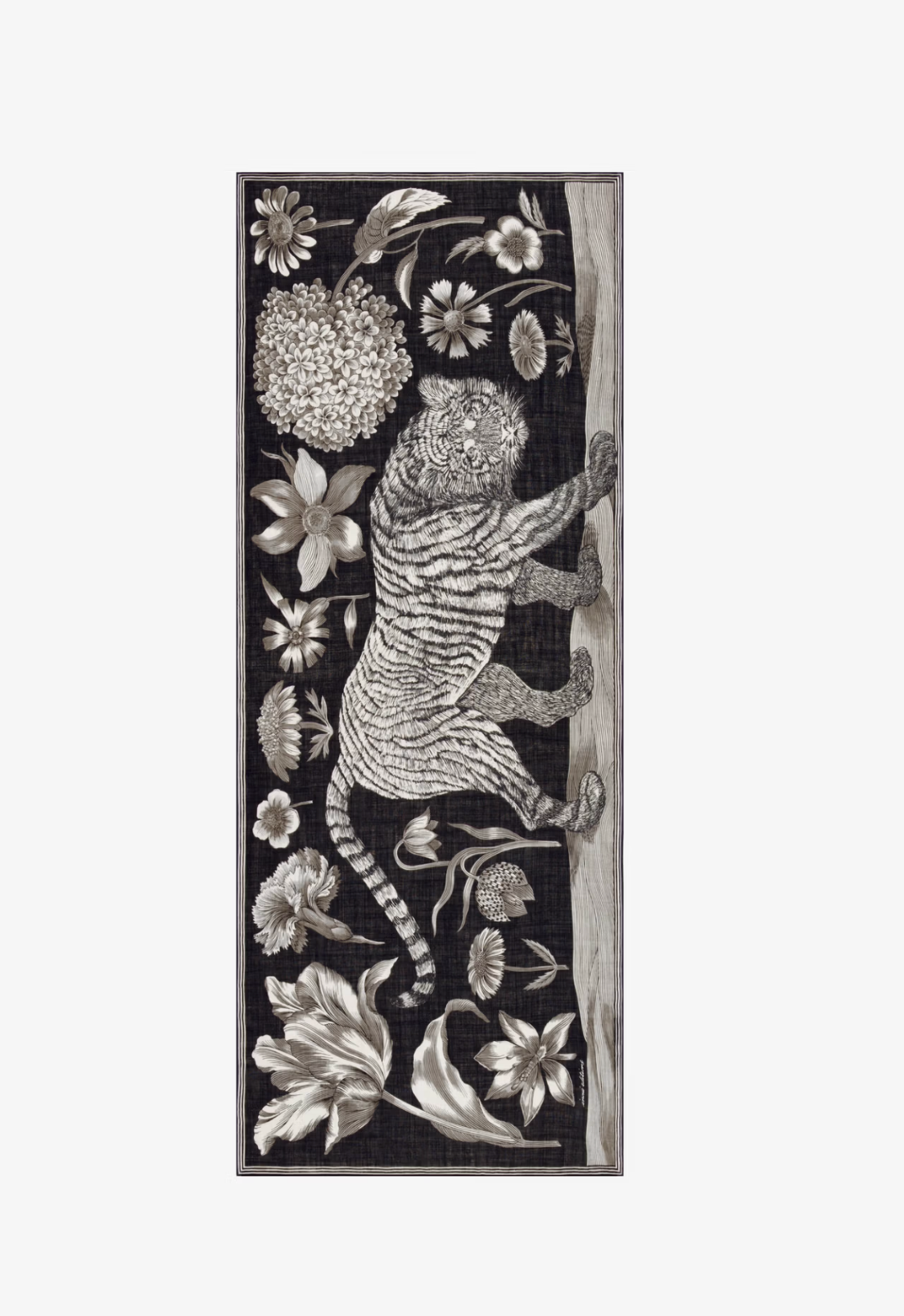 A vertical rectangular textile panel featuring a detailed black-and-white illustration of a tiger climbing beside floral motifs, shown against a plain light gray background.