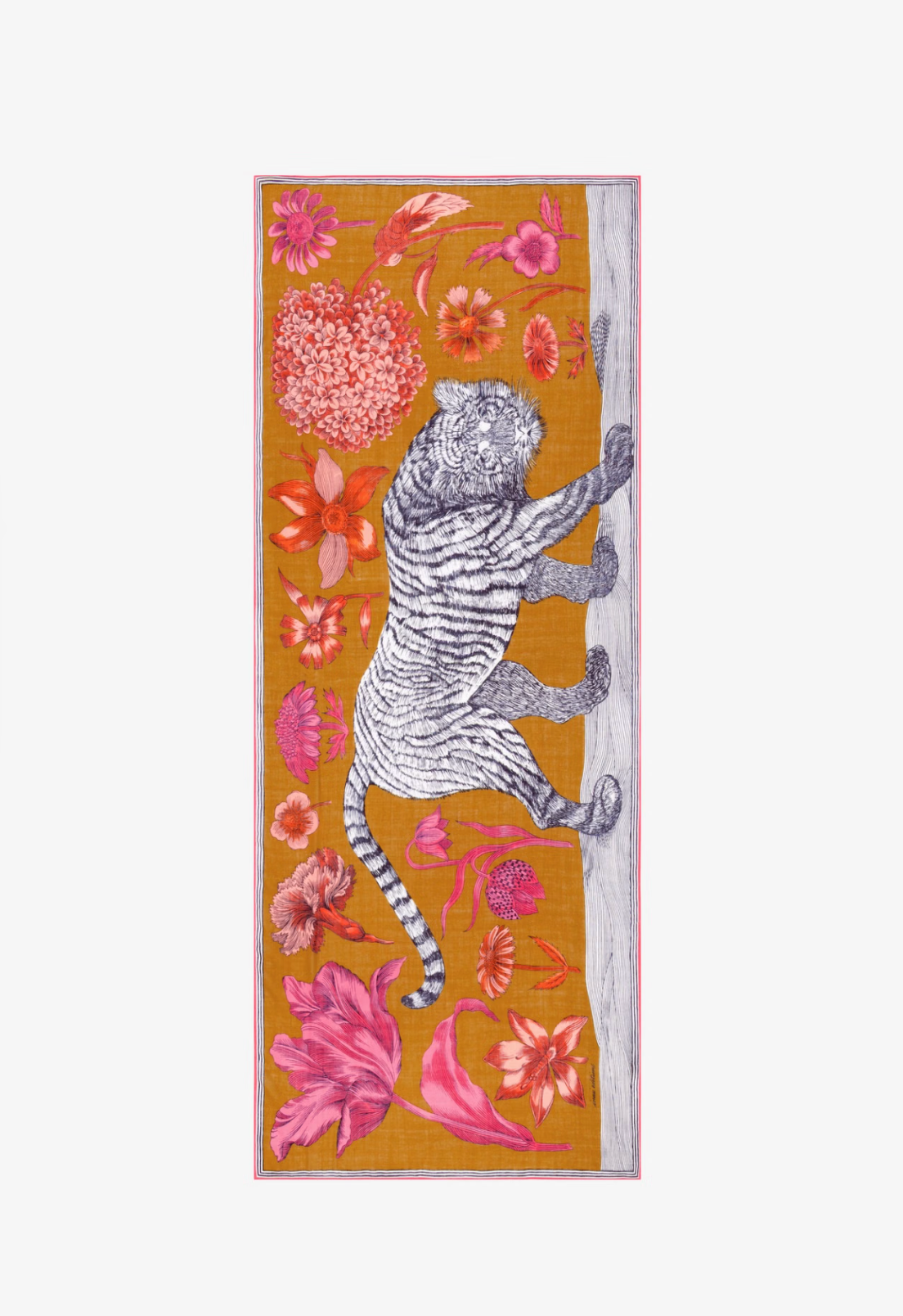 A tall rectangular textile or rug featuring an illustrated white tiger climbing a tree, surrounded by pink and red flowers on a mustard-yellow background, shown against a light gray studio backdrop.