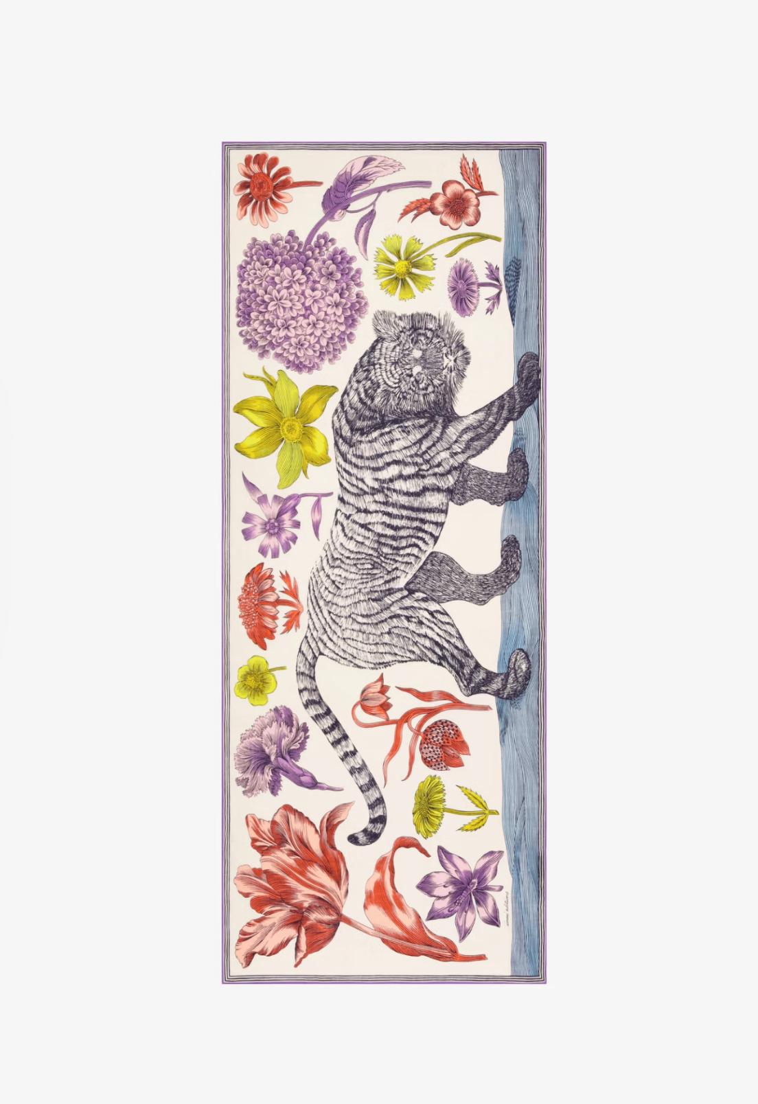 A vertical rectangular art print featuring a detailed black-and-white tiger illustration climbing a blue-gray tree trunk, surrounded by colorful botanical elements including red, purple, yellow, and green flowers on an off-white background.