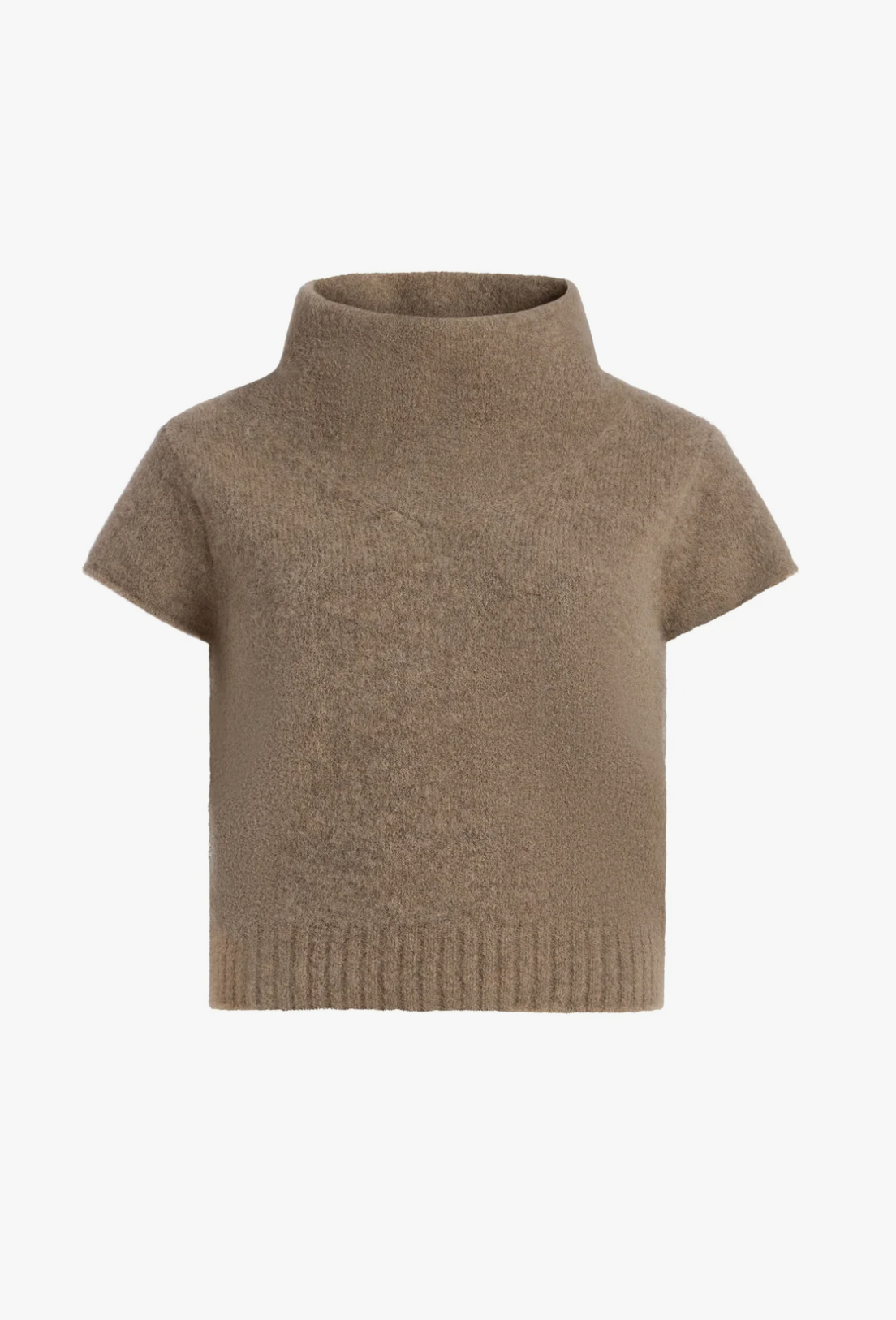 A short-sleeve knit turtleneck sweater in a warm taupe-brown color, shown against a plain white background.